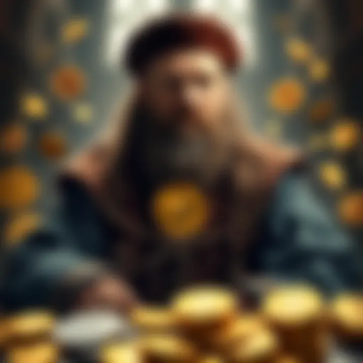 A historical figure resembling a 16th century merchant, surrounded by coins and symbols of cryptocurrency, illustrating the link between past finance and modern digital currency.