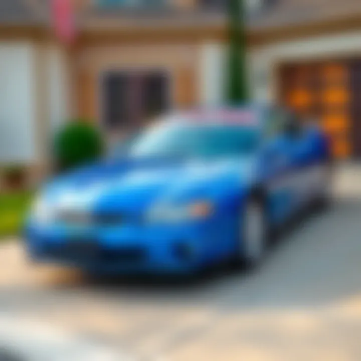 A blue 2006 Monte Carlo SS parked on a driveway, displaying its sleek design and clean lines, with a for sale sign in the window.