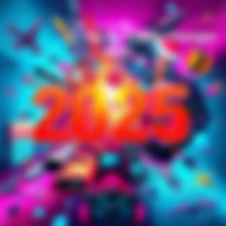 A vibrant collage showing futuristic technology, political symbols, and lifestyle elements representing the year 2025.