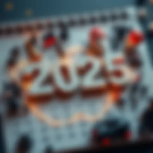 A calendar page featuring the year 2025 with symbols of politics, culture, and technology around it.