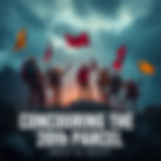 A group of explorers celebrating a milestone after conquering a challenging terrain in a vast area, with flags raised and smiles on their faces.