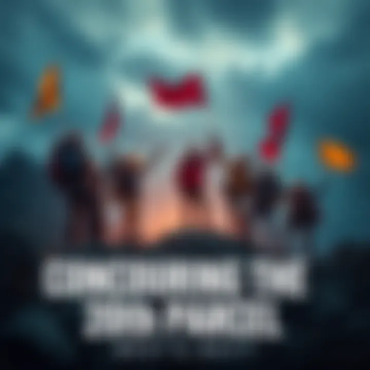 A group of explorers celebrating a milestone after conquering a challenging terrain in a vast area, with flags raised and smiles on their faces.