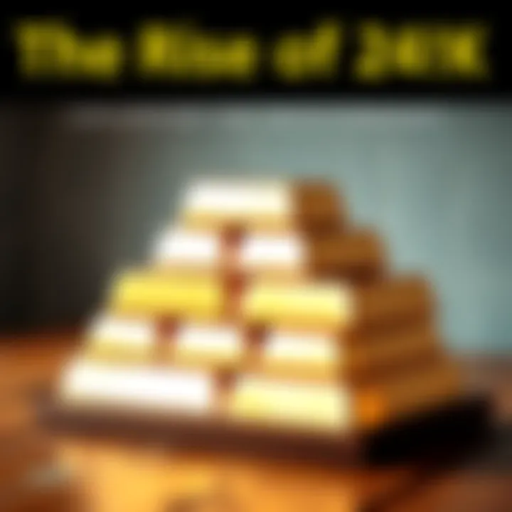 A stack of shiny 24K gold bars stacked on a wooden surface, showcasing their luster and weight.