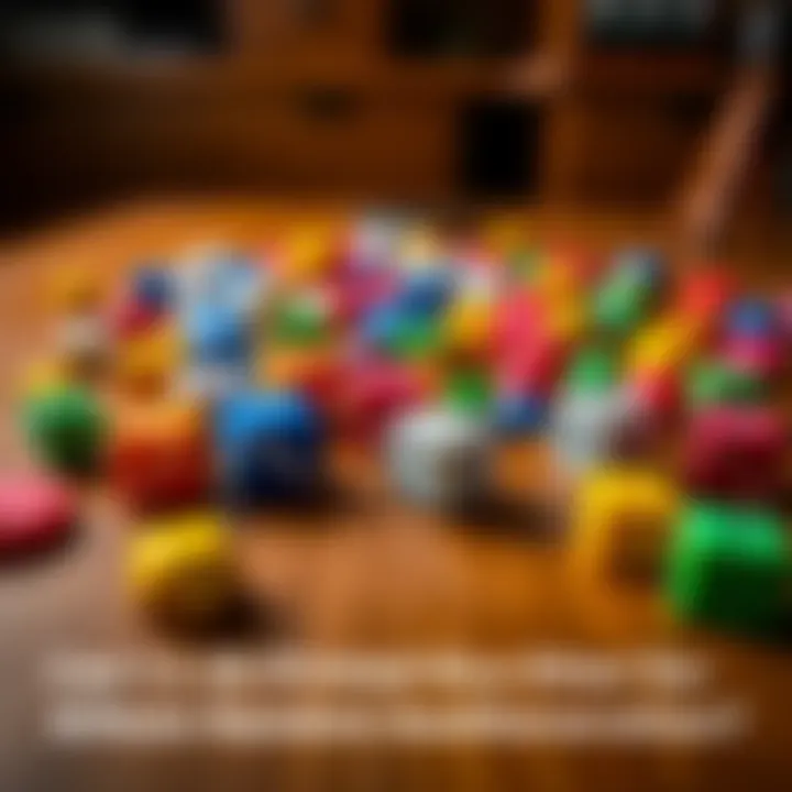 A close-up of colorful 3D printed dice scattered on a wooden table, showcasing their unique shapes and designs.