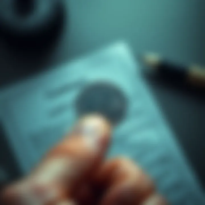 A close-up of a hand holding a 5-cent coin, with a blurred background of a document that has the word 'Contract' written on it.
