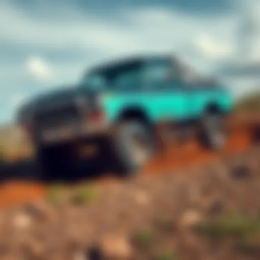 A lifted 70s Ford truck powering through muddy terrain, outpacing a smaller CRV.