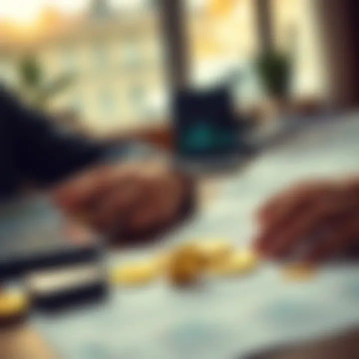 A person reviewing tax documents with a calculator and crypto-related items on the table