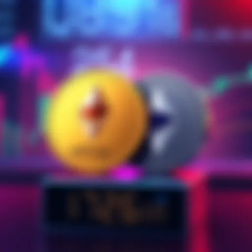 A digital illustration showing the QXMP Reserve Stablecoin alongside the Ethereum logo, symbolizing the new trading pair QXMP/ETH. The background features a vibrant market scene with a countdown timer...