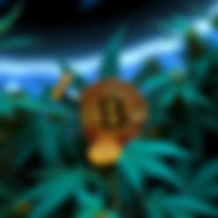 A graphic showing a cannabis leaf and Bitcoin symbol merged together, representing the relationship between the cannabis industry and cryptocurrency markets.