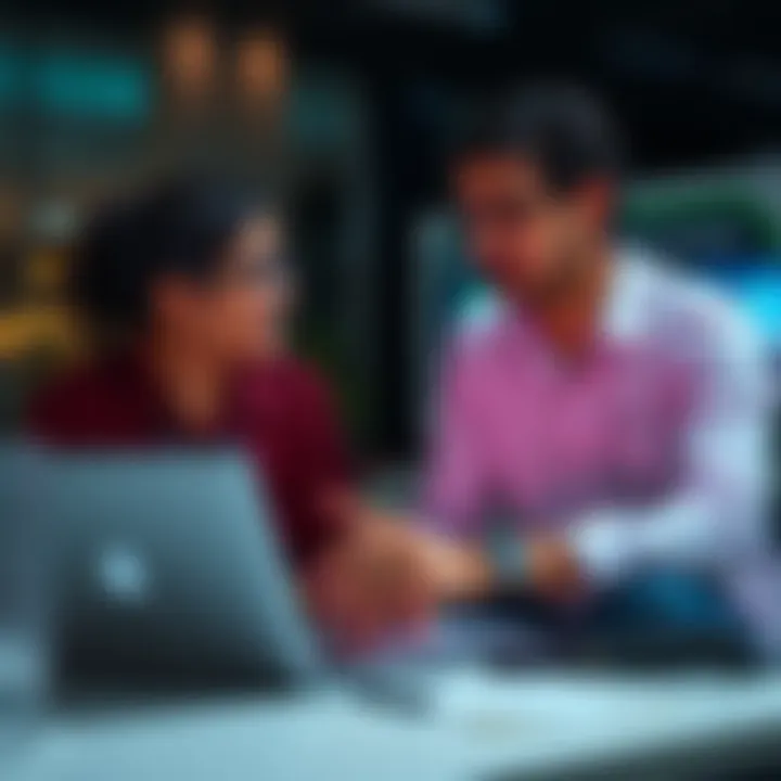 Two people discussing collaboration for an Aadhaar hackathon with laptops and notes in front of them