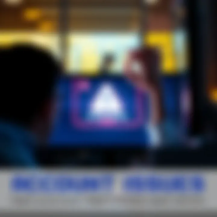 A person looking frustrated at their computer screen, showing signs of distress while trying to access their account, with a warning sign visible on the screen.