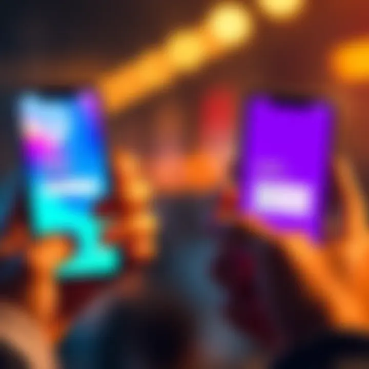 A person switching between two different smartphones, showcasing multiple account logins, one phone displaying an open app, and the other phone showing a login screen.