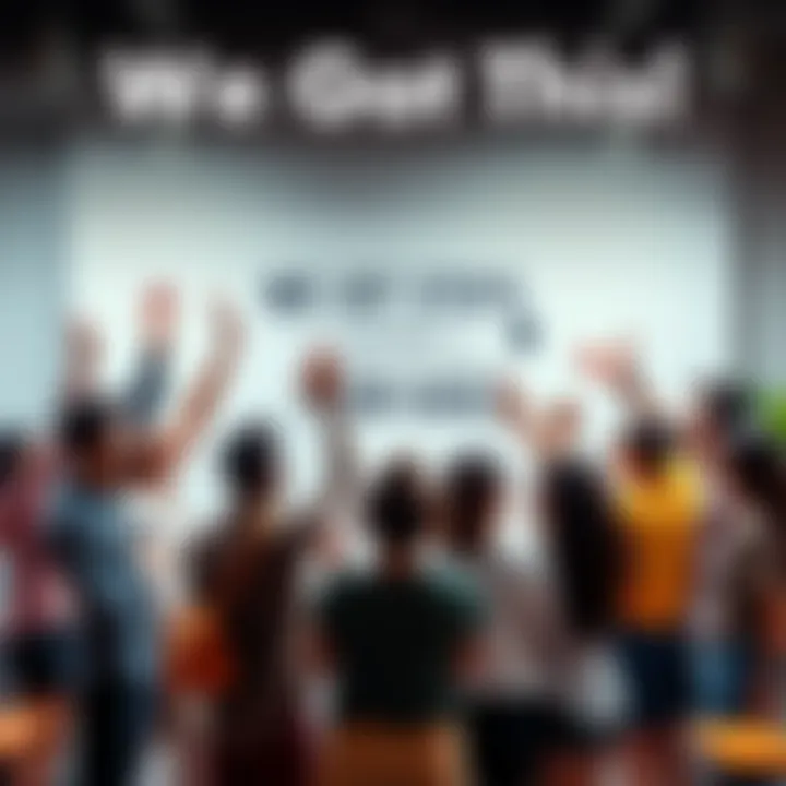 Achieving Goals Together A group of diverse people collaborating and celebrating success, surrounded by motivational quotes on a whiteboard.