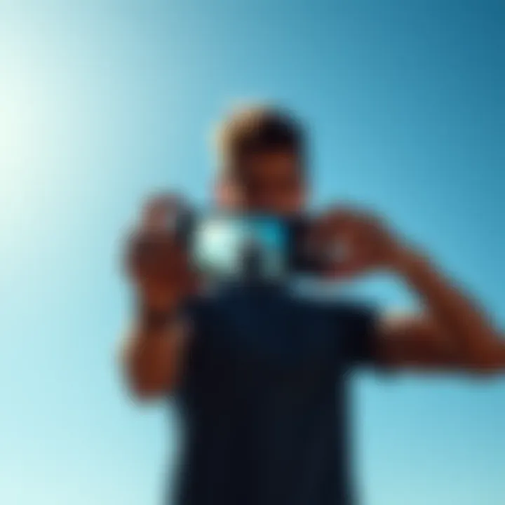 A person taking a photo of themselves during a workout, enjoying an active day outdoors, with a bright blue sky in the background.