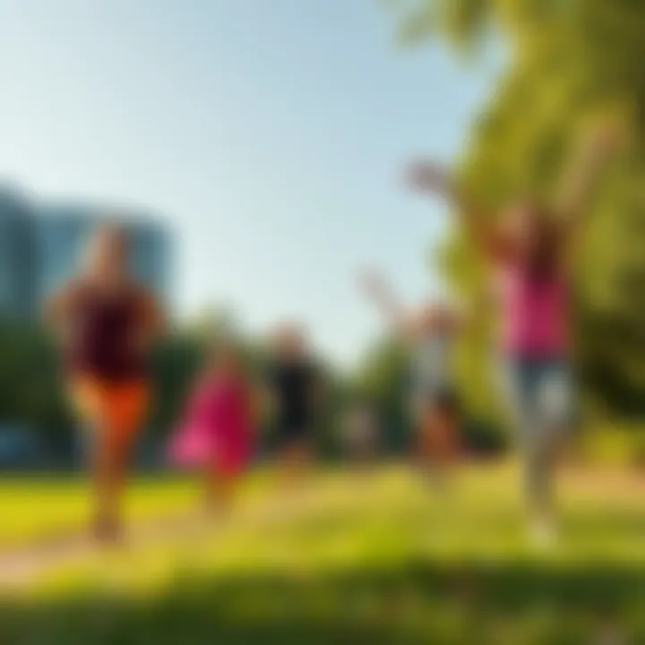 A group of people enjoying various outdoor activities like running, cycling, and yoga, celebrating their active lifestyles in a vibrant park.
