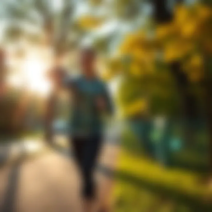 A person jogging in a park, taking a selfie while exercising, with sunlight shining through the trees.