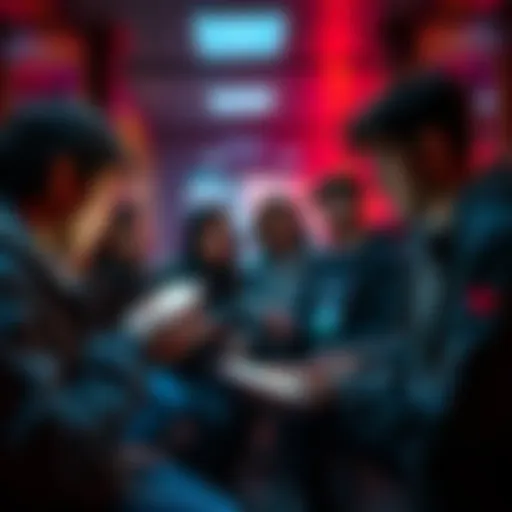 A group of activists discussing in a secure setting, with digital devices showing encrypted messages.