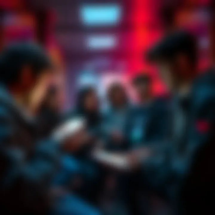 A group of activists discussing in a secure setting, with digital devices showing encrypted messages.