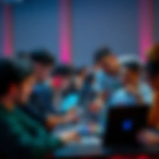A group of diverse students collaborating on laptops during the Adobe University Hackathon, sharing ideas and discussing projects.