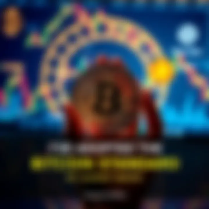 Person holding a Bitcoin symbol with a backdrop of financial charts and cryptocurrency logos