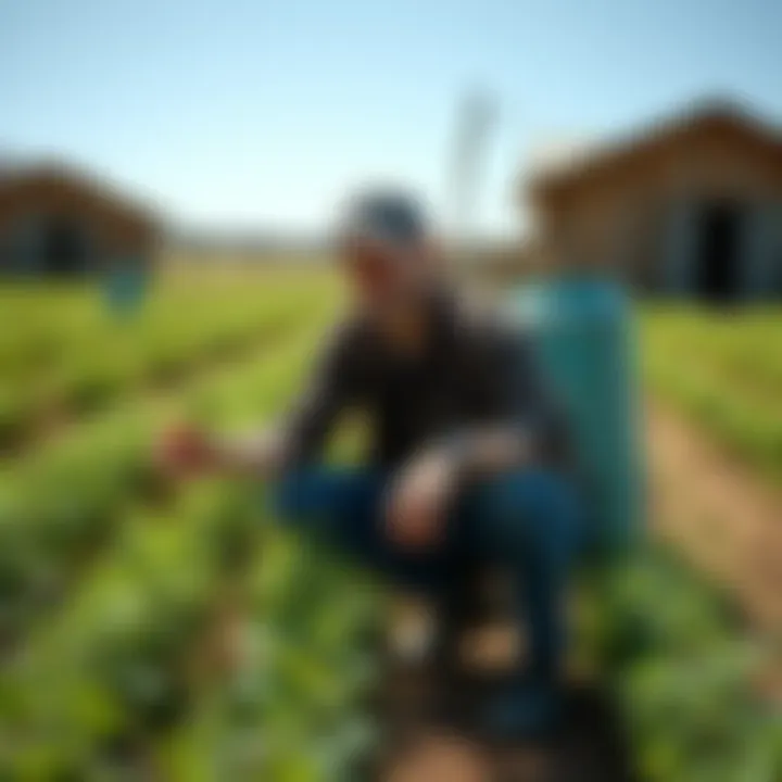 Adrian Grenier working on his farm at Kintsugi Ranch in Texas, surrounded by green fields and plants, showing his commitment to sustainable living.