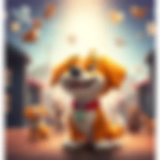 A cheerful dog character representing Aerobud memecoin, with a backdrop of animated scenes related to animal shelters, symbolizing community support and fundraising efforts