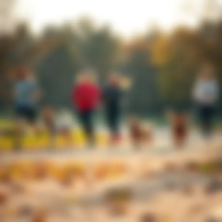 A group of people running in a park with their dogs, enjoying fitness activities and bonding time