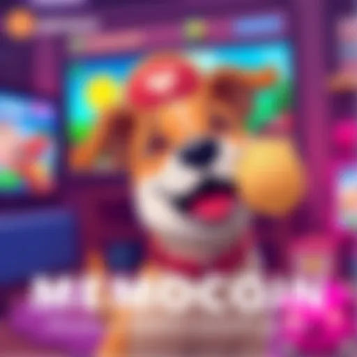 Illustration showing a cheerful dog with a coin, representing Aerobud memecoin donating to animal shelters, with a playful video game screen in the background.