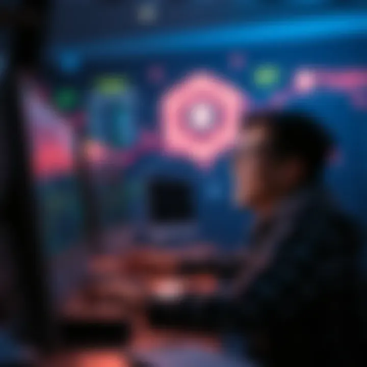 A person happily using a computer to make affordable cross-chain swaps on the Rubic platform, with graphics showing reduced costs for gas and fees in the background.