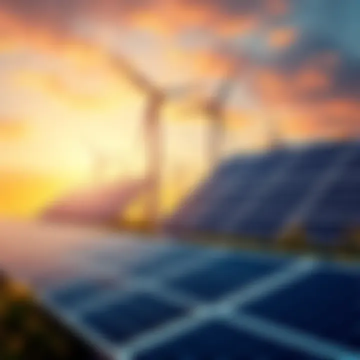 Representation of renewable energy sources like solar panels and wind turbines highlighting the concept of cheap electricity.