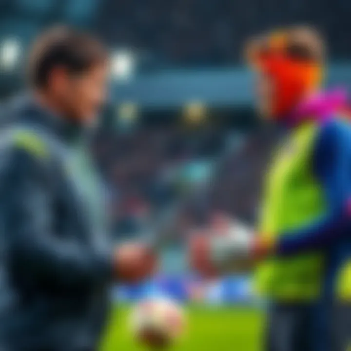 A football coach discussing affordable goalkeeper choices with two players in training gear, focusing on budget-friendly strategies for team selection.