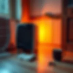 An older model space heater with a basic design, sitting on a wooden floor near a cozy corner of a room, radiating warmth, surrounded by winter accessories like a blanket and a mug of hot drink.