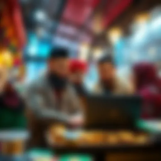A group of Afghan people discussing cryptocurrency on a laptop in a vibrant marketplace
