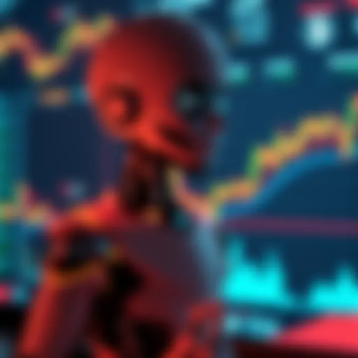 An AI agent standing confidently in front of a digital trading screen showing cryptocurrency graphs and charts.