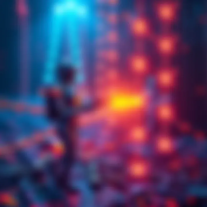 Illustration showing AI agents represented as digital figures interacting with blockchain elements like chains and nodes.