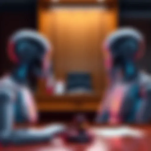 Two AI agents facing each other in a digital courtroom setting, with a judge's gavel and legal documents visible on the screen.