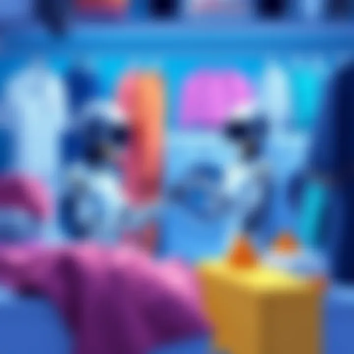 An illustration showing AI agents giving advice on laundry techniques and detergent choices, with clothing items in the background.