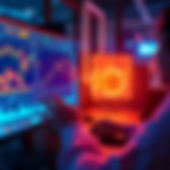 A person using a computer with an AI assistant on the screen, showing cryptocurrency graphs and simple command options.