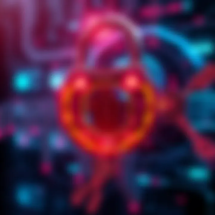 A futuristic lock symbolizing cryptocurrency security with AI elements, representing the conflict between private keys and advanced technology.