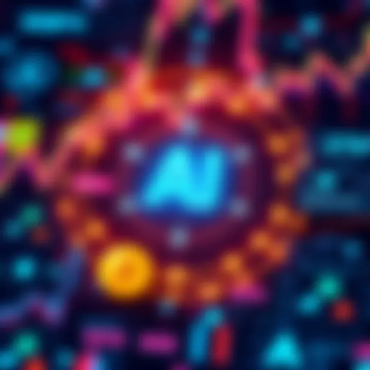A visual representation of artificial intelligence technology interacting with decentralized finance applications, showing graphs and digital currency symbols.