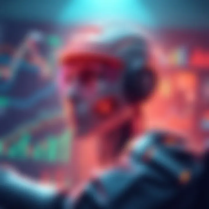 An illustration of an AI financial copilot aiding traders by analyzing market data, with graphs and charts in the background.