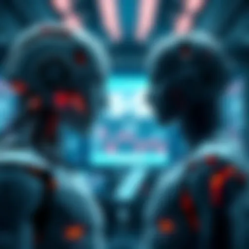 A robot and a human figure facing each other, debating over a broken system symbolizing failure in decision-making.