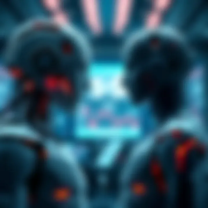A robot and a human figure facing each other, debating over a broken system symbolizing failure in decision-making.