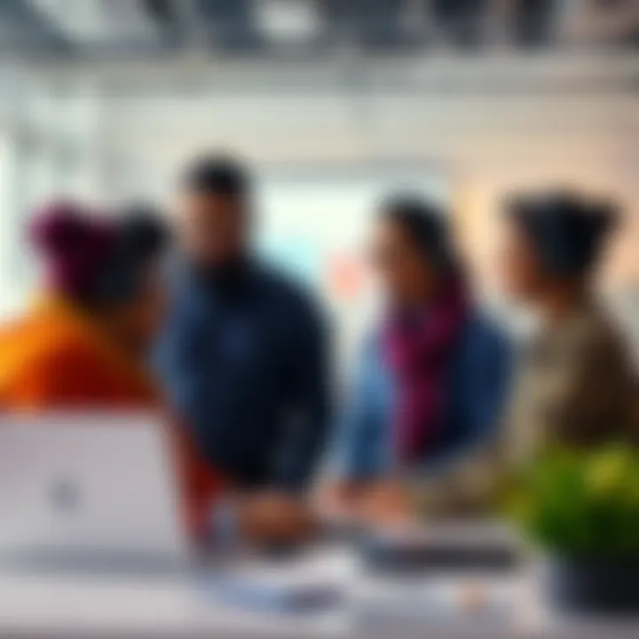 A diverse support team working together, with a mix of humans and AI technology in a modern office setting.