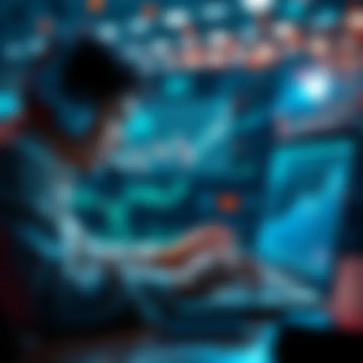 A visual representation of AI technology affecting jobs, with a person looking at cryptocurrency charts on a laptop; depicting the search for new financial opportunities in digital currencies.