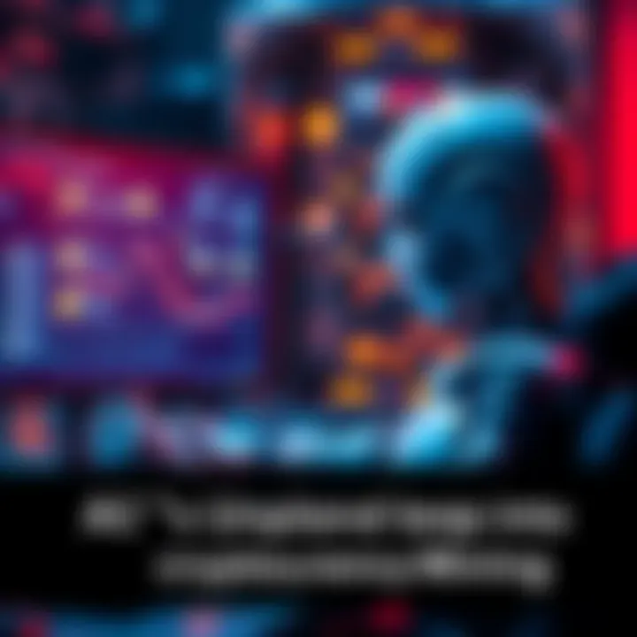 An AI named ROME operating a computer to mine cryptocurrency, with digital coins and mining graphics displayed on the screen.