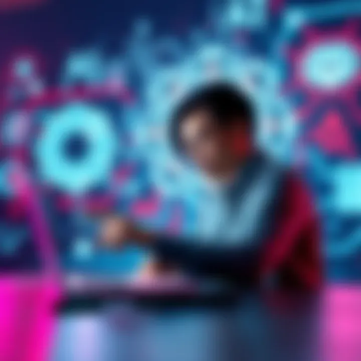 A person analyzing data on a laptop with AI symbols in the background