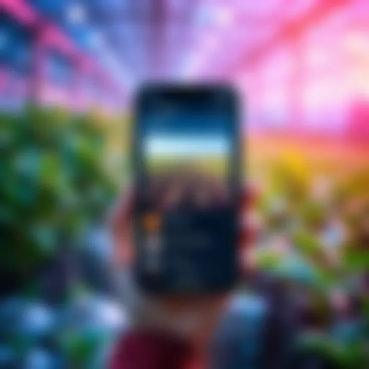 AI reporter app for chia farming Illustration of an iPhone displaying an app interface about chia farming with chia seeds in the background