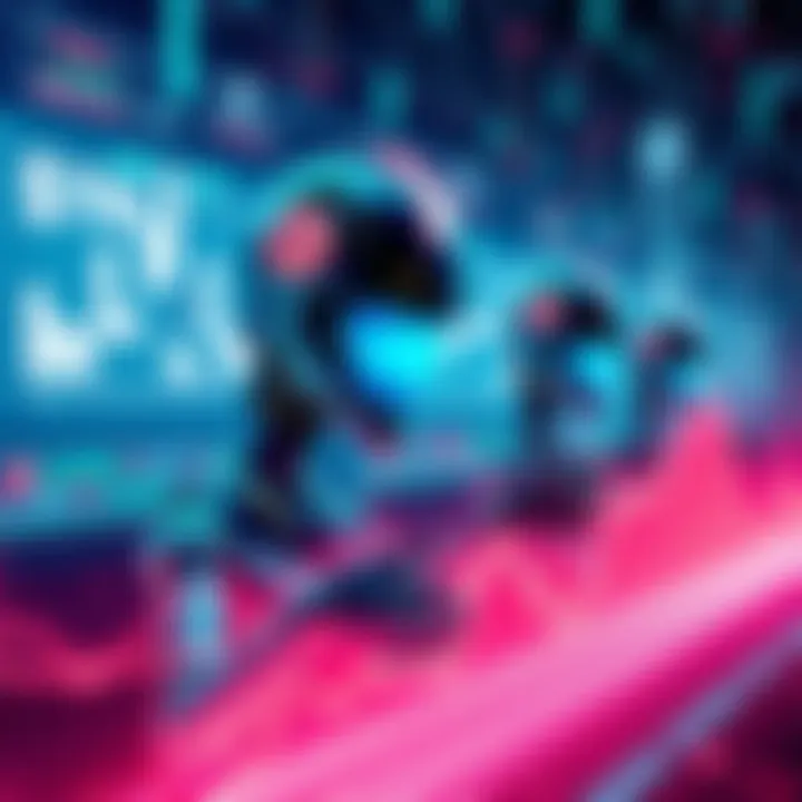 Illustration of digital AI agents managing financial assets in a blockchain environment, depicting the transition to on-chain trading with technology elements.