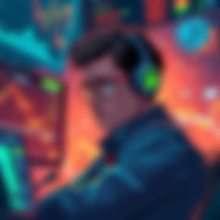 An illustration of a frustrated trader looking at charts and screens with AI elements in the background, symbolizing the challenges of creating accessible AI trading bots.